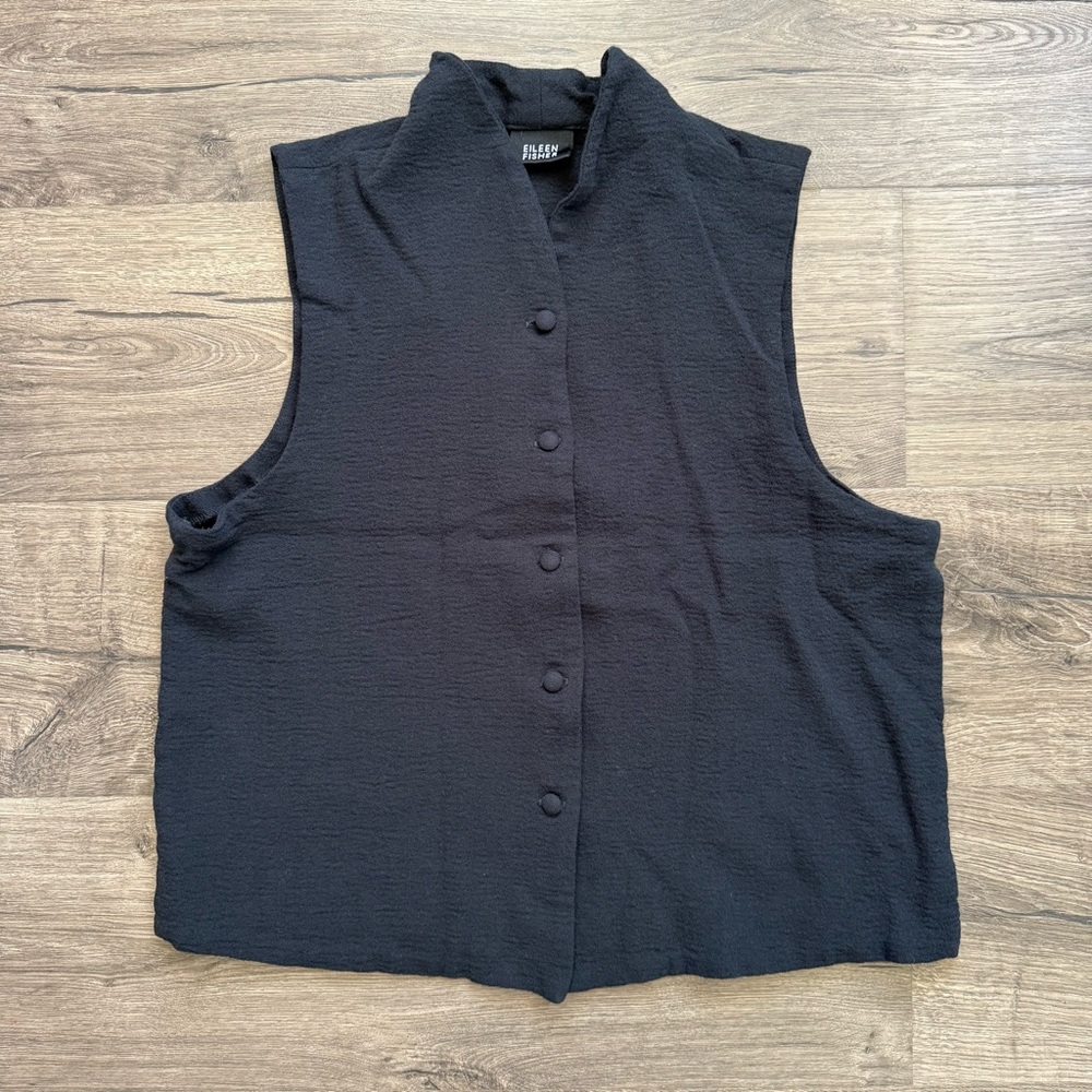 Eileen Fisher Black Sleeveless Organic Linen Button Top Vest Medium Women TEAR